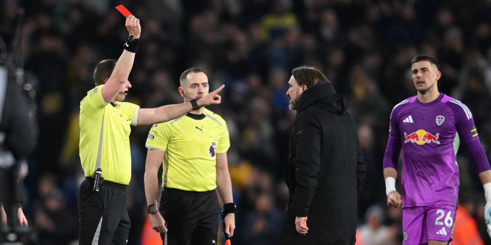 Leeds United manager Daniel Farke is shown a red card by referee Peter Bankes at the end of the match