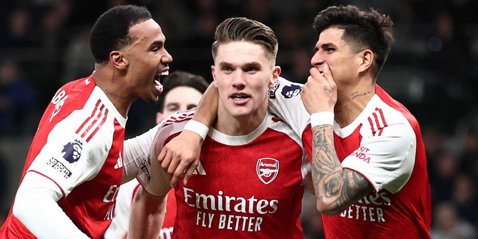 Arsenal's Viktor Gyokeres celebrates scoring their second goal with Piero Hincapie and Gabriel Magalhaes