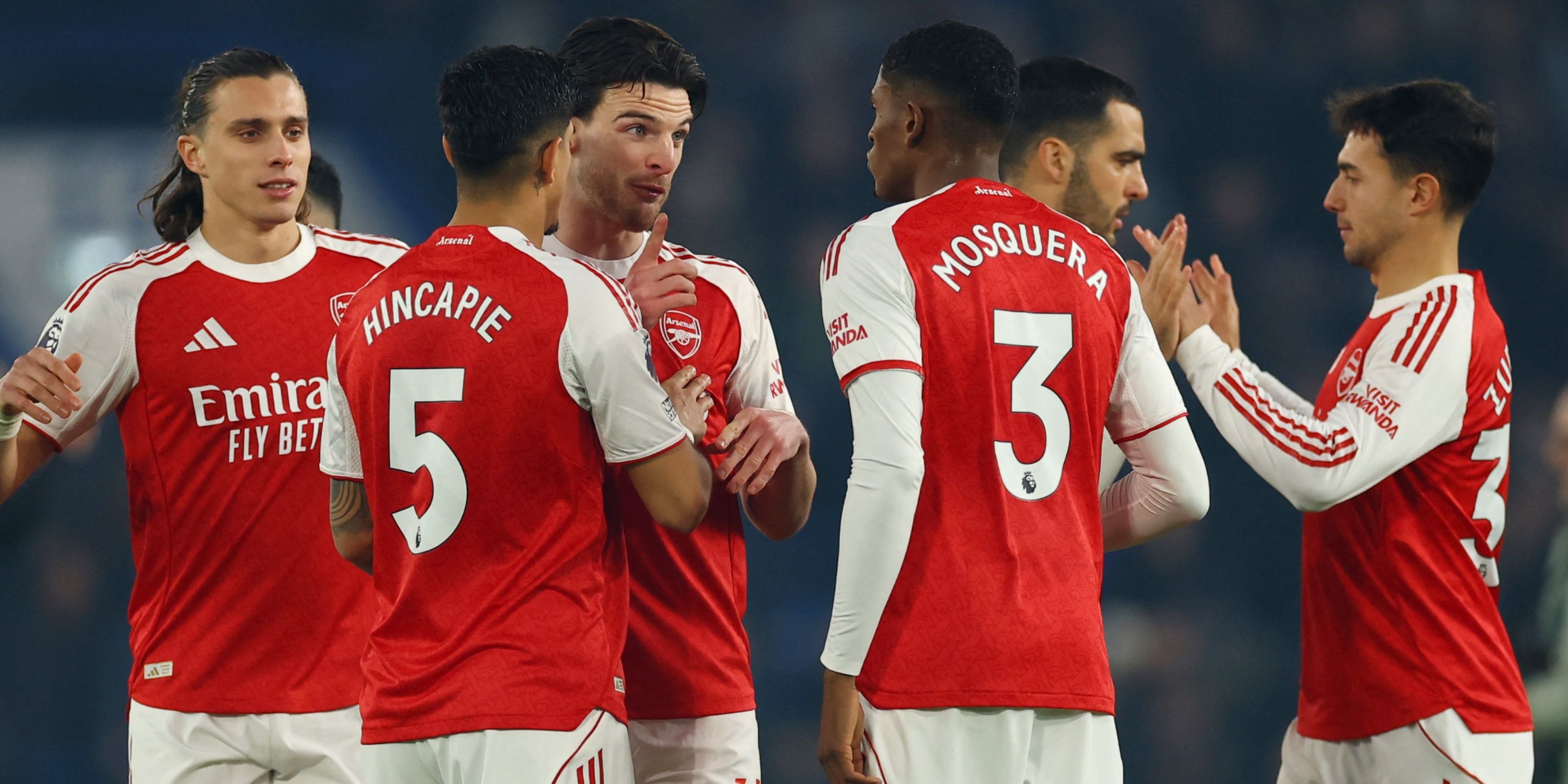 Arsenal's Riccardo Calafiori, Piero Hincapie, Declan Rice and Cristhian Mosquera before the Chelsea match 