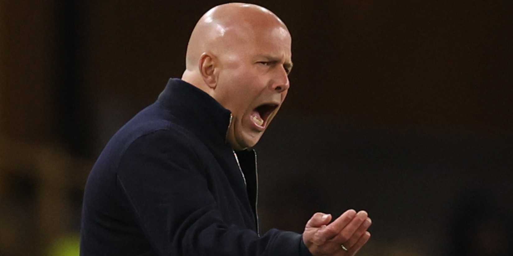 Liverpool manager Arne Slot reacts while facing Wolves