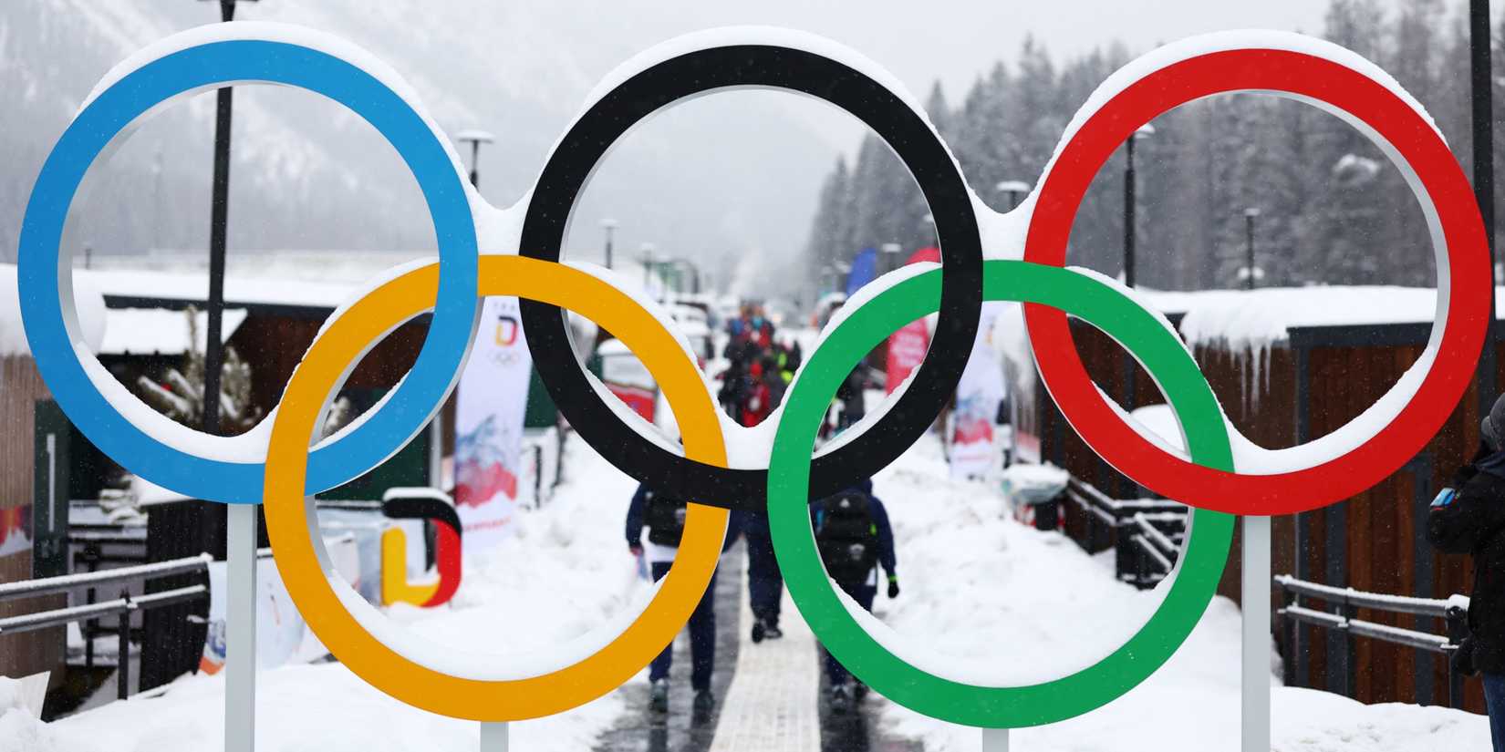 General view of the Olympic rings at the Olympic and Paralympic Athletes' Village