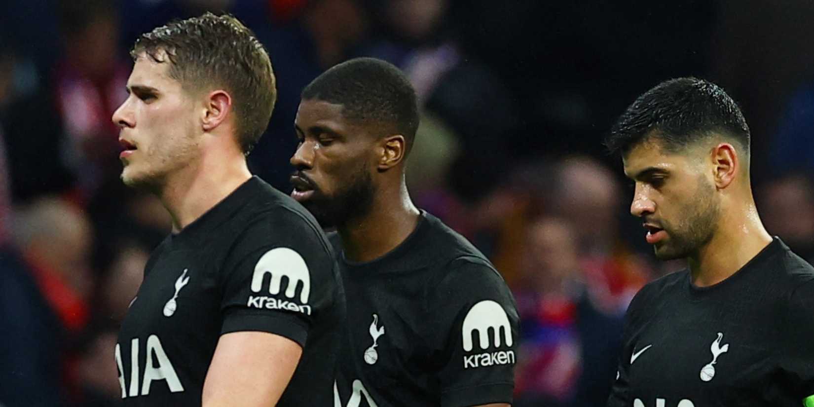 Tottenham Hotspur's Micky van de Ven, Kevin Danso, Cristian Romero and Archie Gray at the end of the first half vs Atletico Madrid