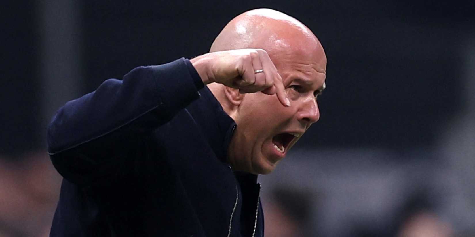 Liverpool manager Arne Slot looks angry