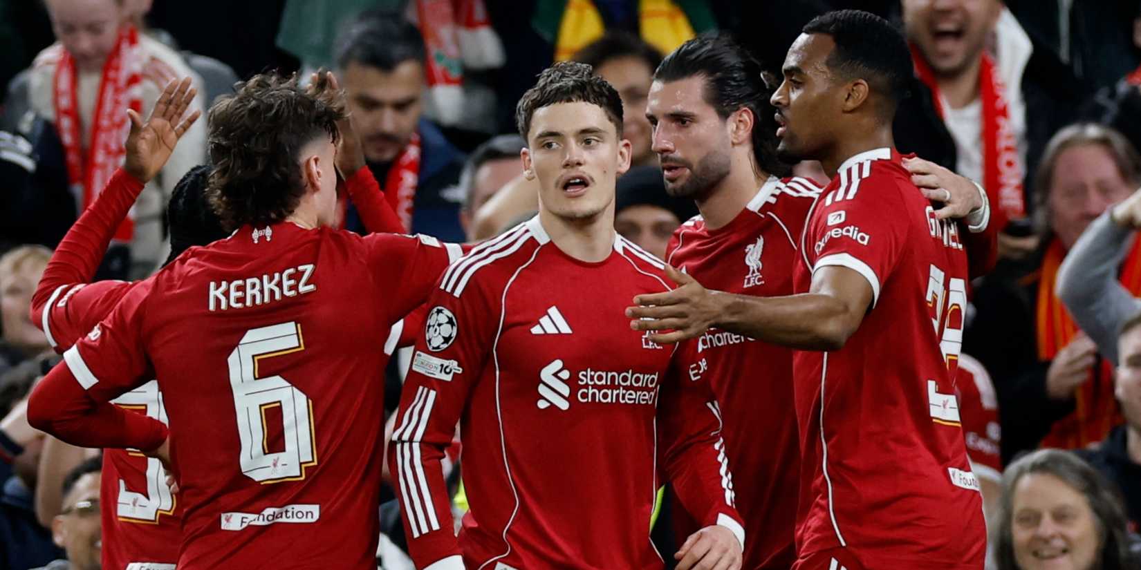 Liverpool's Dominik Szoboszlai celebrates scoring Liverpool's first goal with teammates