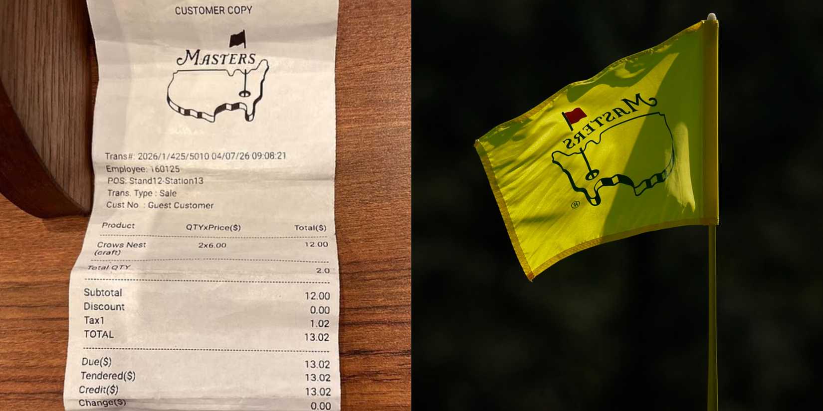 Beer receipt at The Masters