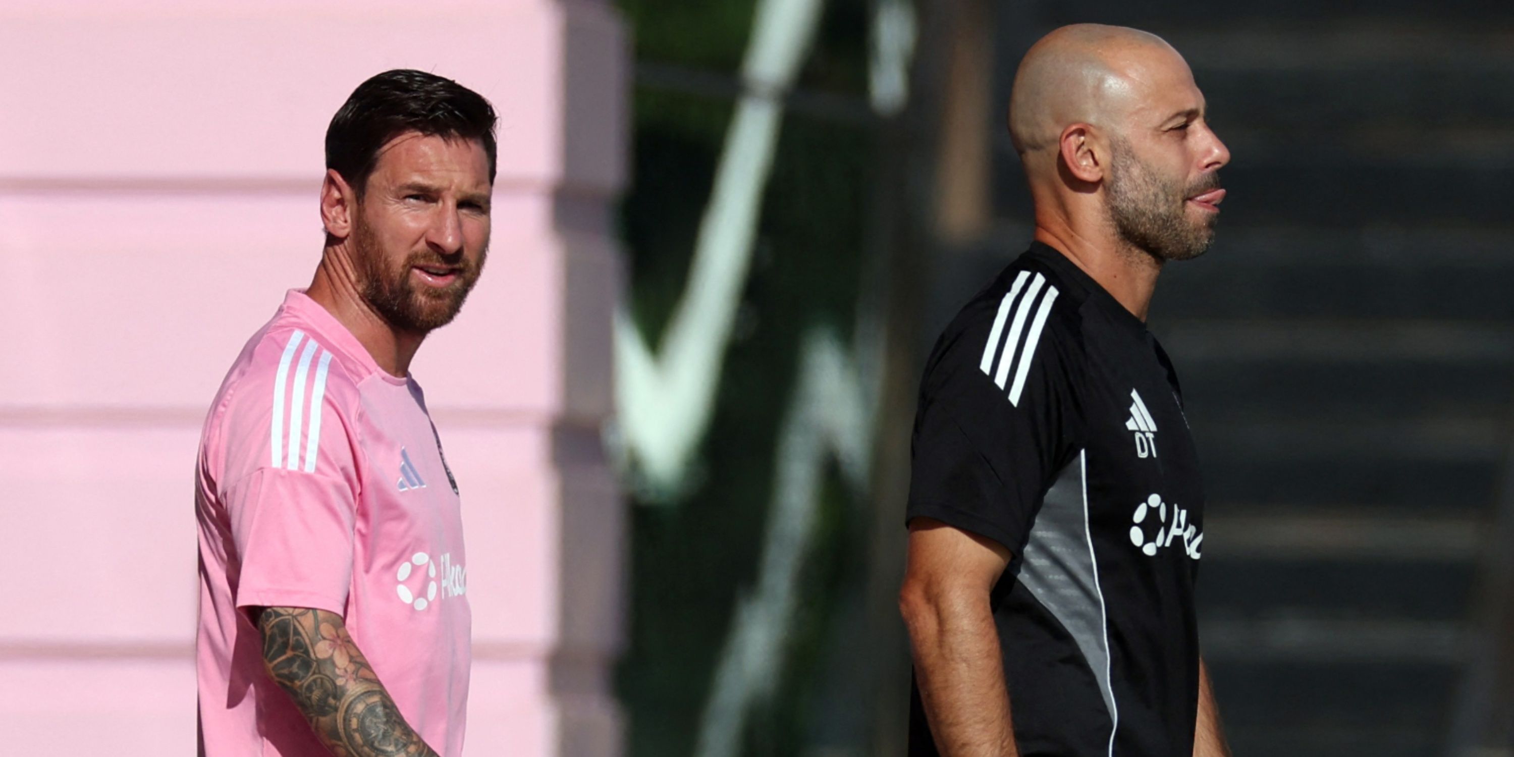 Inter Miami CF's Lionel Messi with coach Javier Mascherano during training