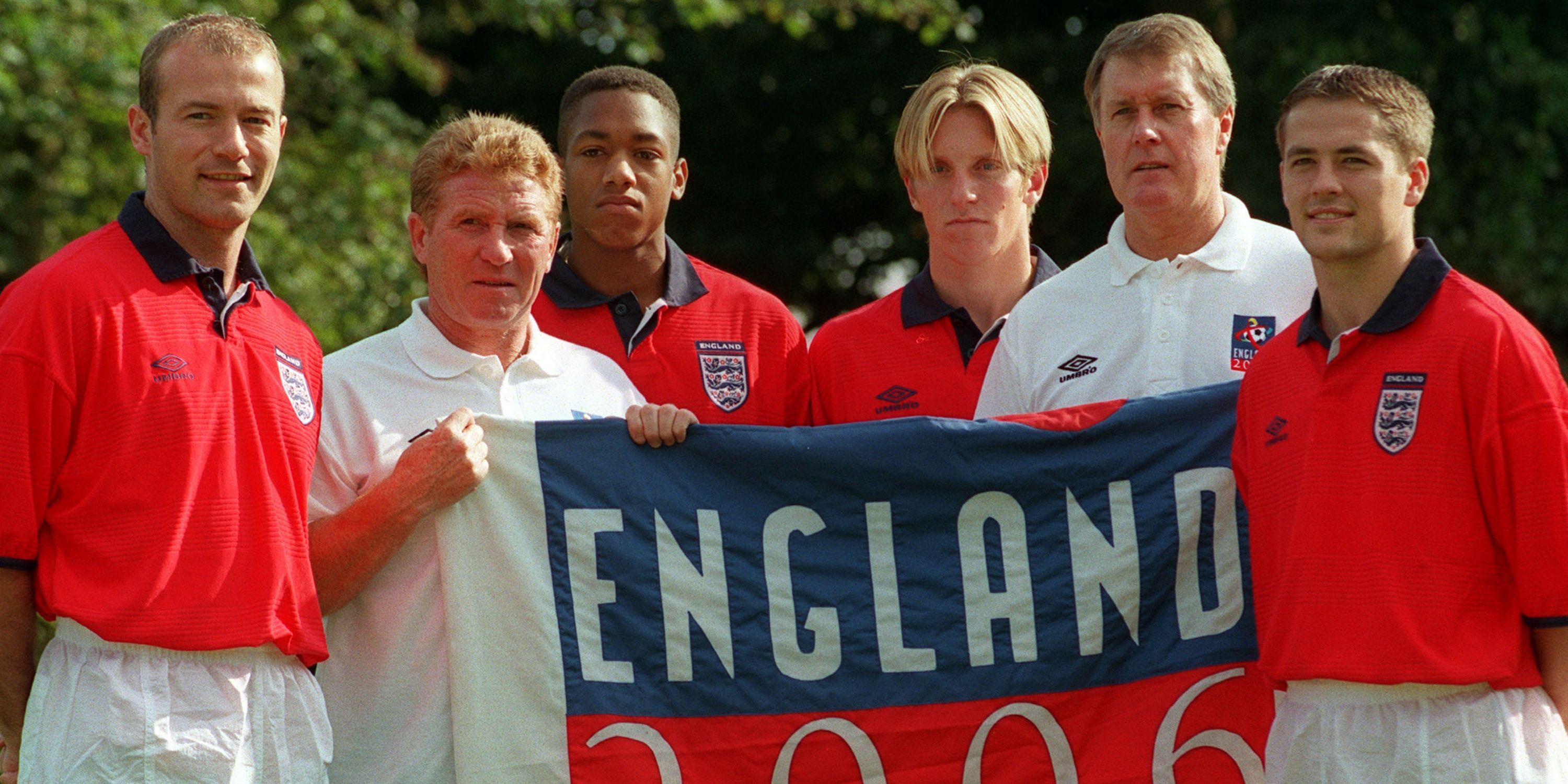 Sir Geoff Hurst and Alan Ball heroes of England's 1966 World Cup winning team with Alan Shearer , Michael Owen and England youth players