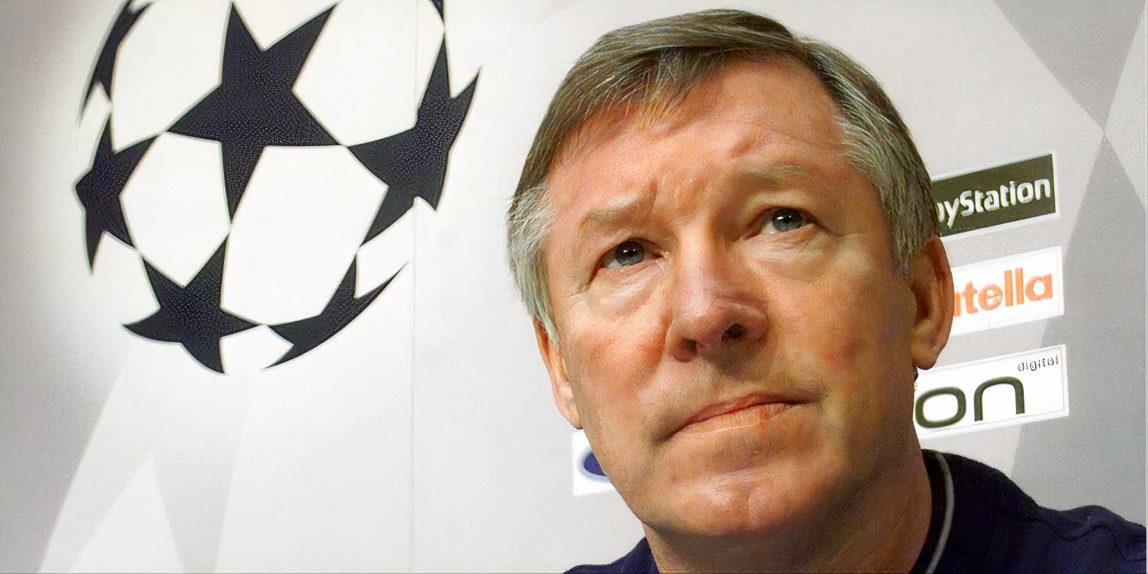 Sir Alex Ferguson in front of the Champions League logo 2