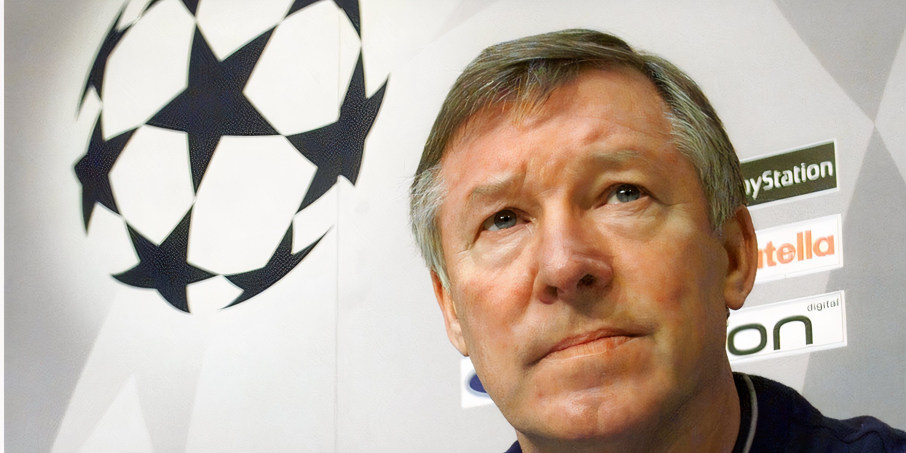 Sir Alex Ferguson in front of the Champions League logo