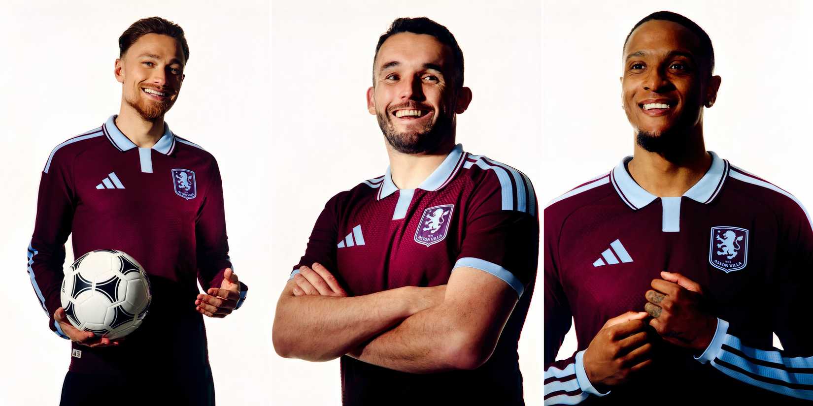 Aston Villa home kit styled by Matty Cash, John McGinn and Ezri Konsa