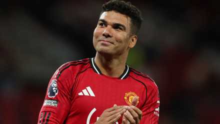 Manchester United midfielder Casemiro celebrates after Premier League win against Brentford at Old Trafford