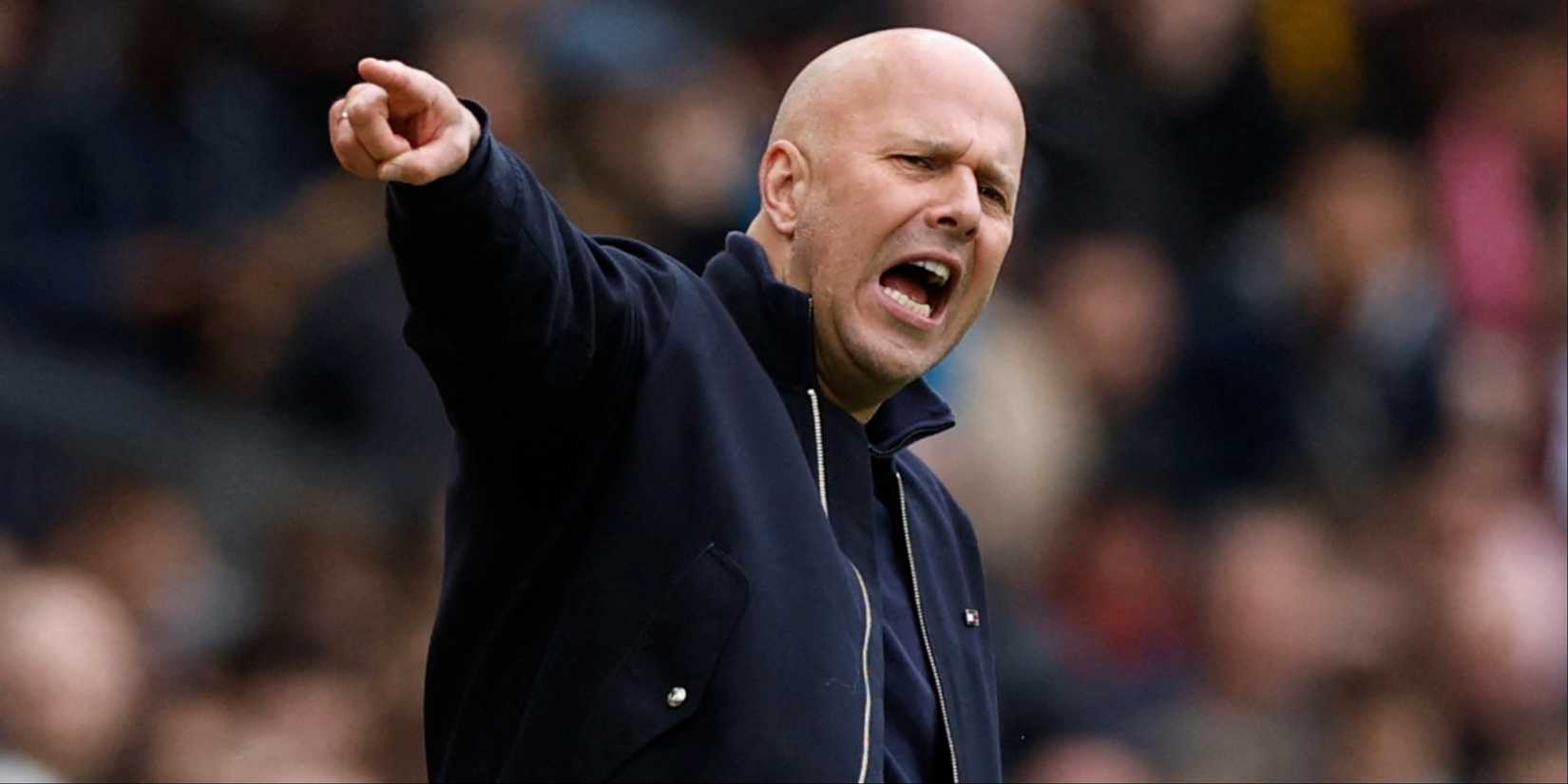 Liverpool manager Arne Slot shouts vs Manchester United