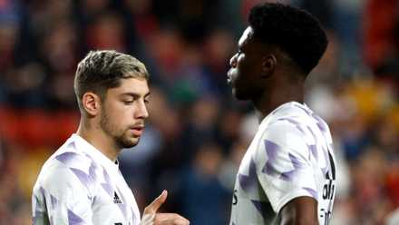 Real Madrid's Federico Valverde and Aurelien Tchouameni