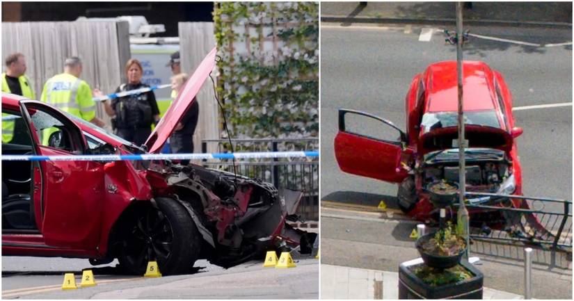 Two images of red car crashed at the scene in Market Place, Arnold, which has left footballer fighting for his life in hospital (Photo Credit: PA, via The Sun)