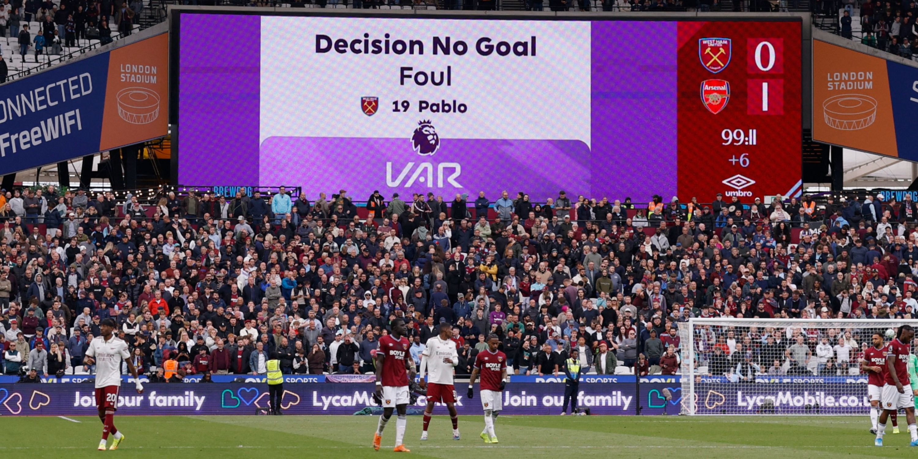 West Ham United v Arsenal: General view of the big screen after West Ham United's Callum Wilson goal that was later disallowed