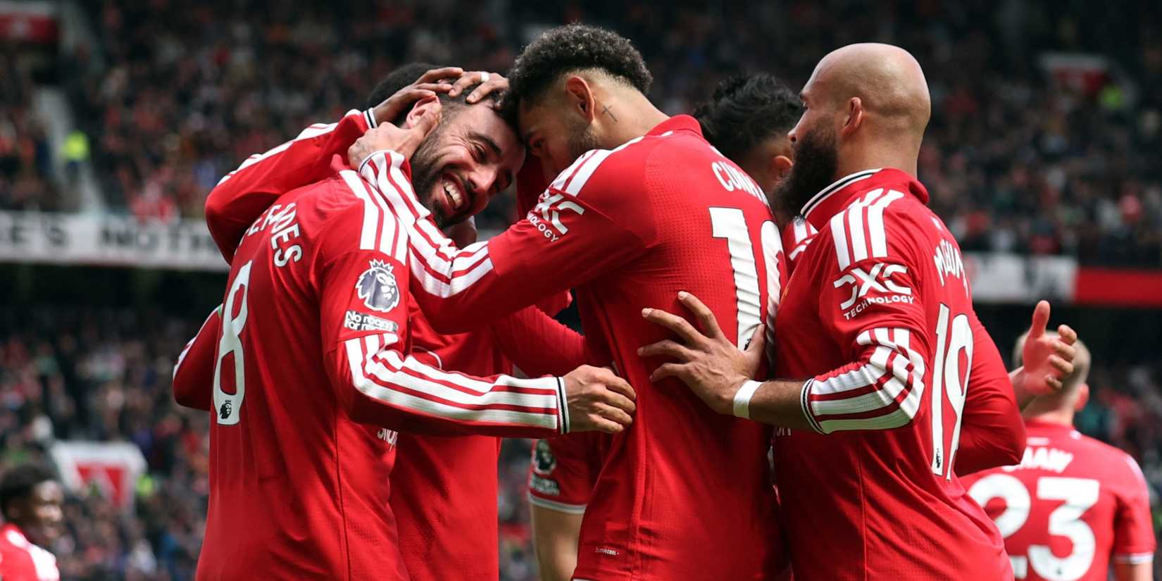 Manchester United's Bryan Mbeumo celebrates vs Nottingham Forest with Matheus Cunha and Bruno Fernandes