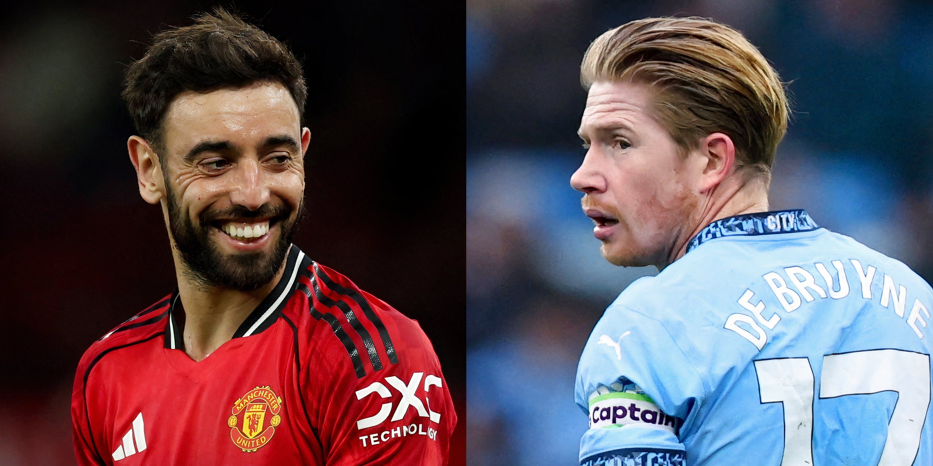 Bruno Fernandes (L) smiles during a Manchester United game alongside Kevin De Bruyne (R) featuring for Manchester City