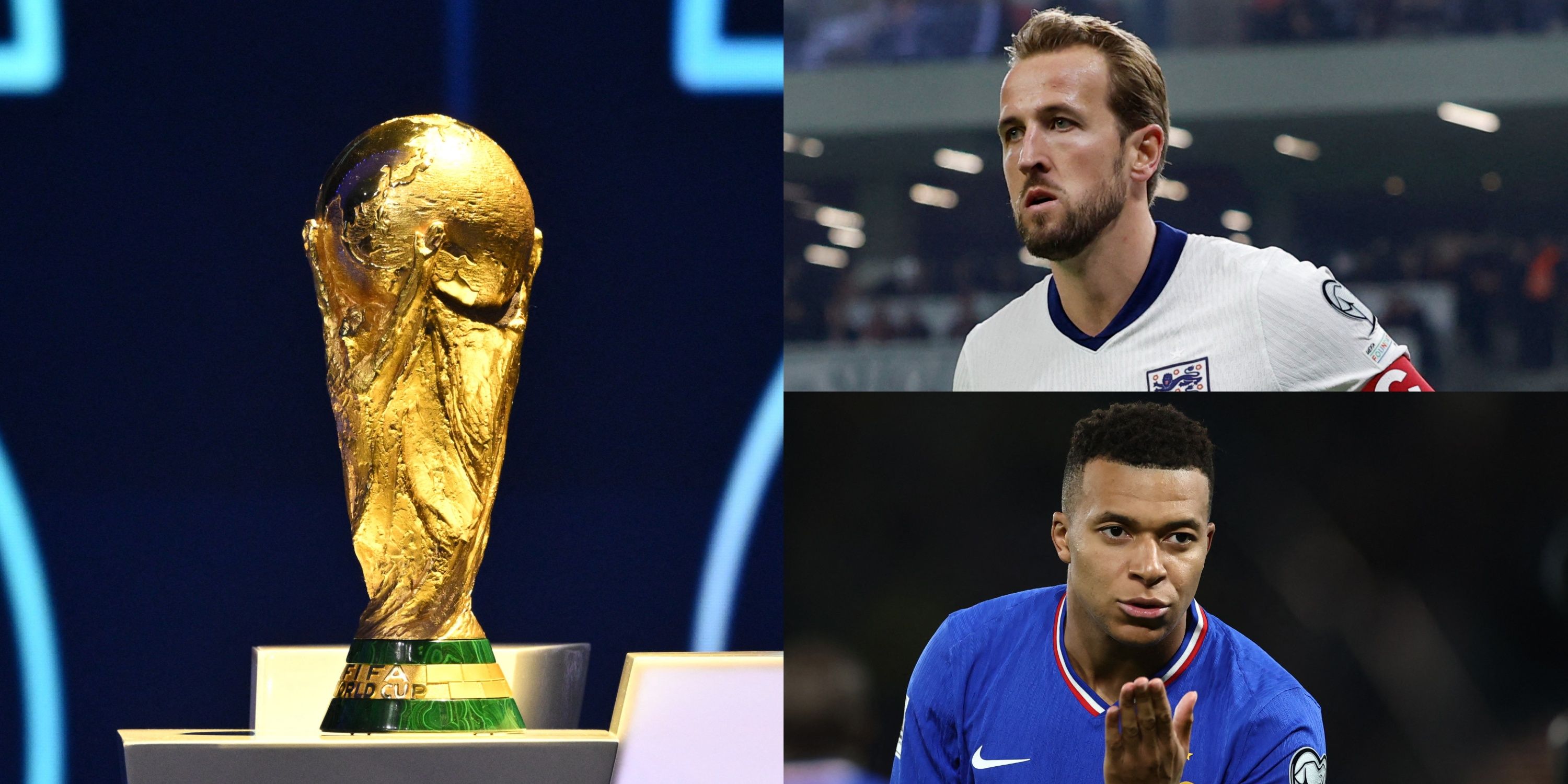 World Cup trophy, Harry Kane England, Kylian Mbappe France