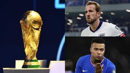 World Cup trophy, Harry Kane England, Kylian Mbappe France