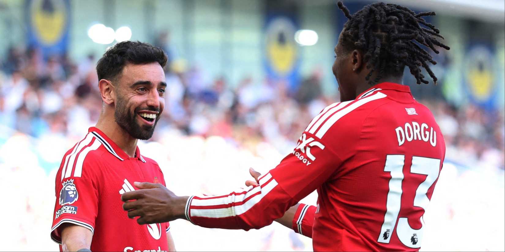 Bruno Fernandes and Patrick Dorgu celebrate for Man Utd