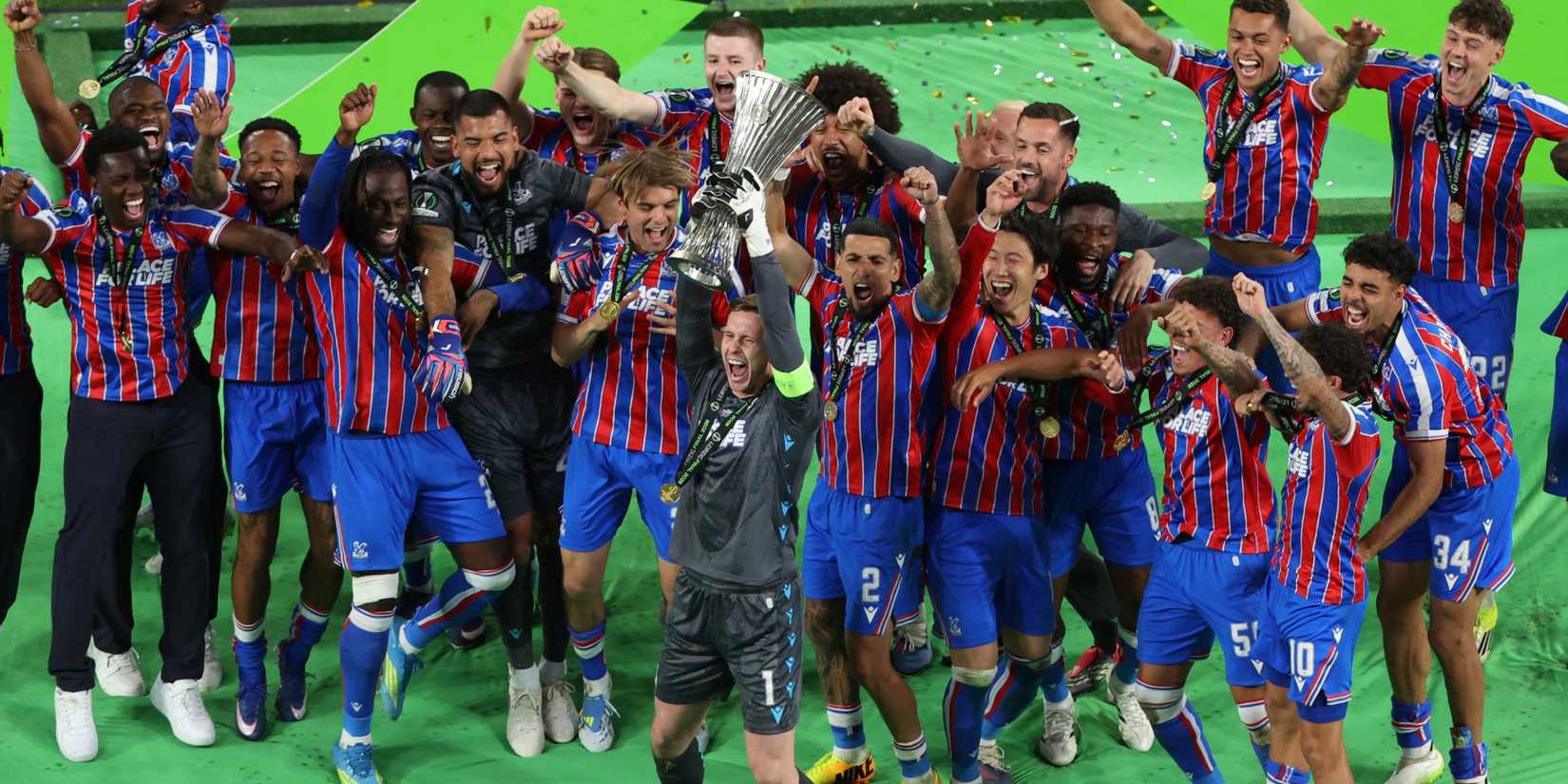Crystal Palace celebrate with the Conference League trophy