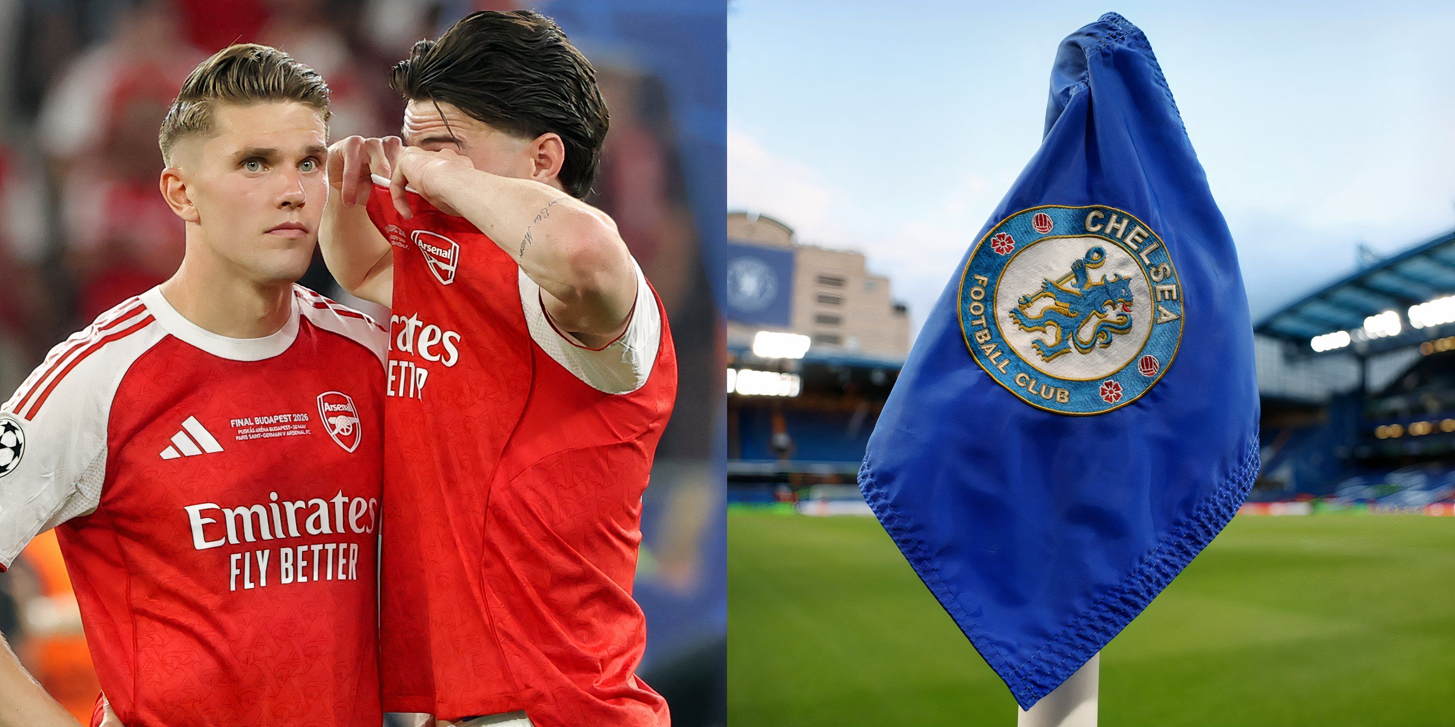 Declan Rice of Arsenal (L) reacts after the Champions League final next to a Chelsea flag (R) at Stamford Bridge