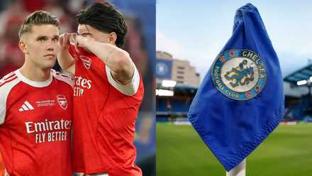 Declan Rice of Arsenal (L) reacts after the Champions League final next to a Chelsea flag (R) at Stamford Bridge