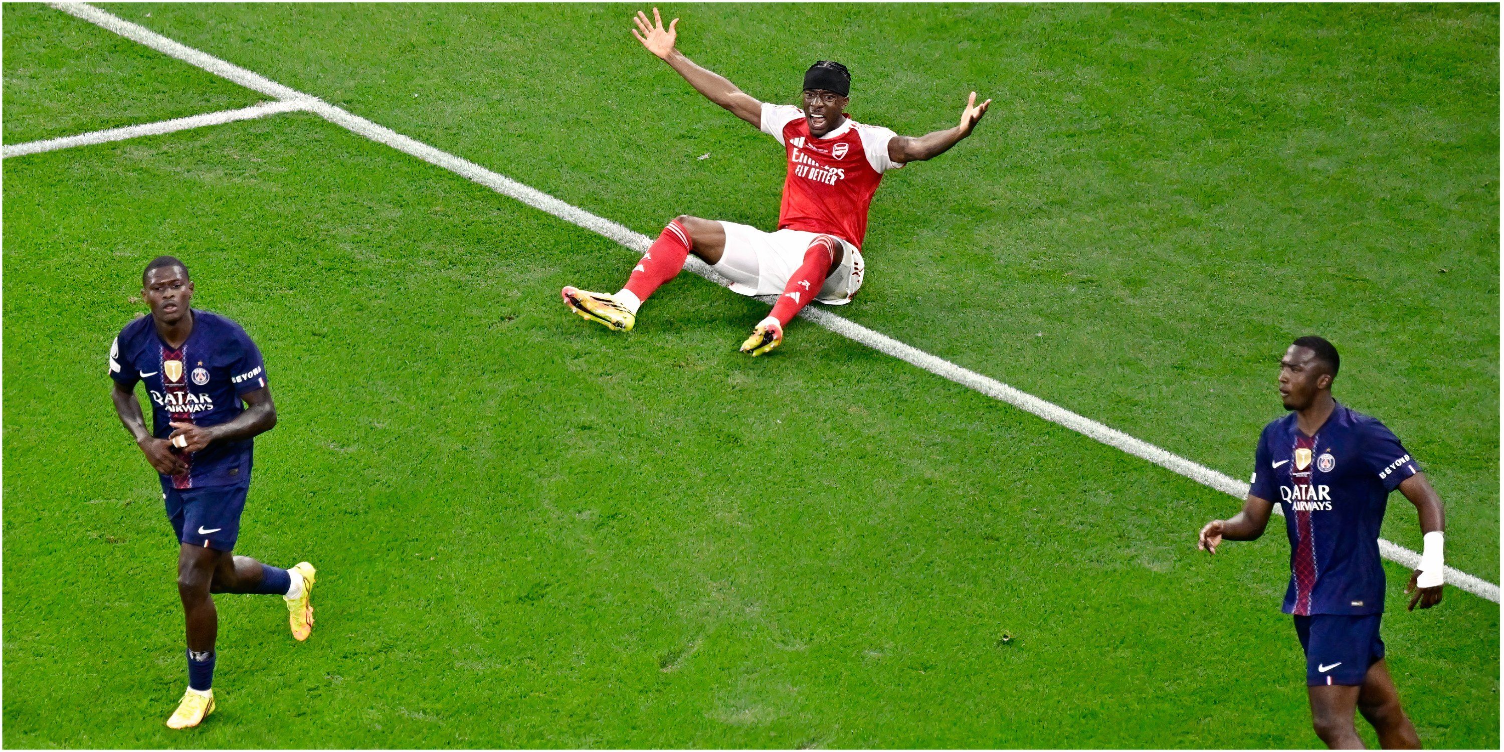 Noni Madueke appeals for a penalty in Arsenal's match with PSG