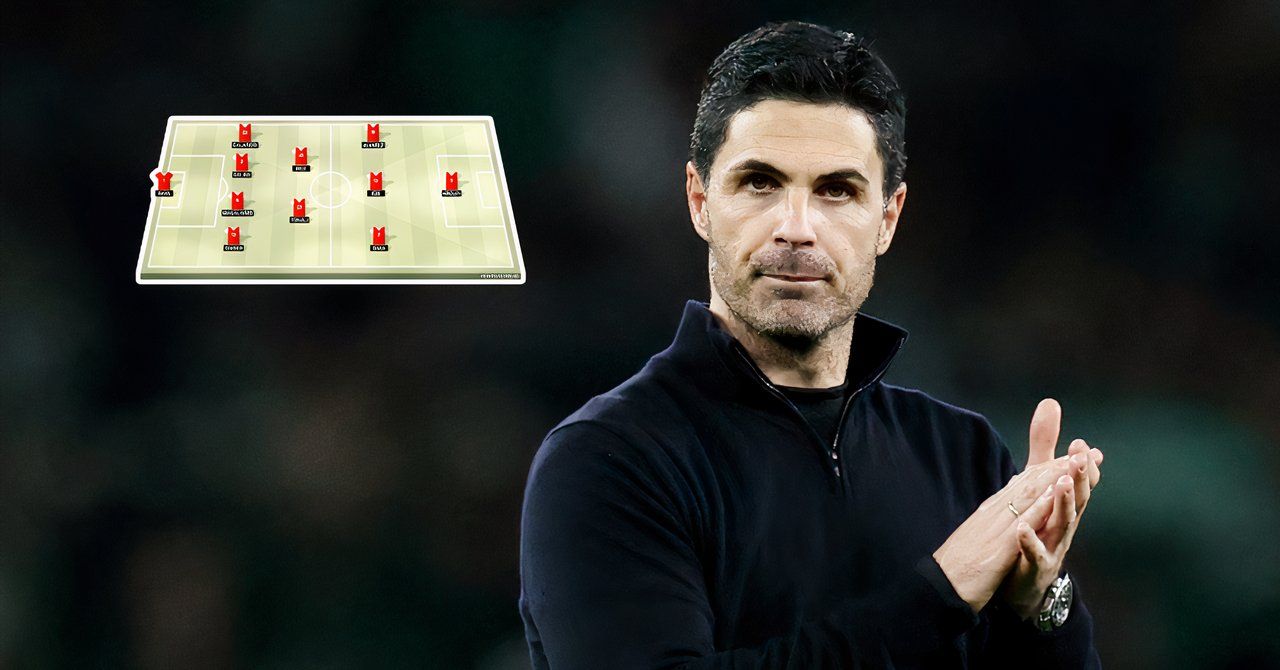 Mikel Arteta applauds after an Arsenal game alongside an image of an Arsenal teamsheet