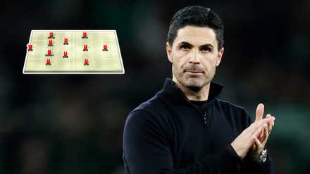 Mikel Arteta applauds after an Arsenal game alongside an image of an Arsenal teamsheet