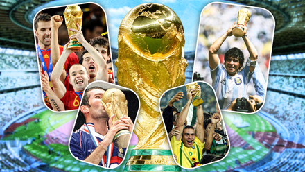 Andres Iniesta, Zinedine Zidane, Ronaldo and Diego Maradona with the World Cup trophy (Sydney Millard)