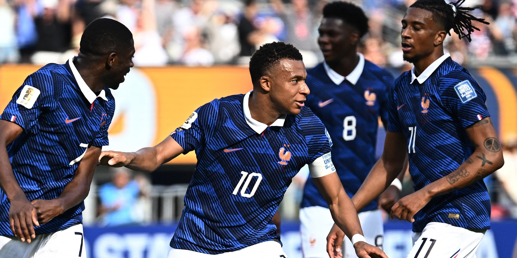 Kylian Mbappe (France) celebrates after scoring vs Sweden