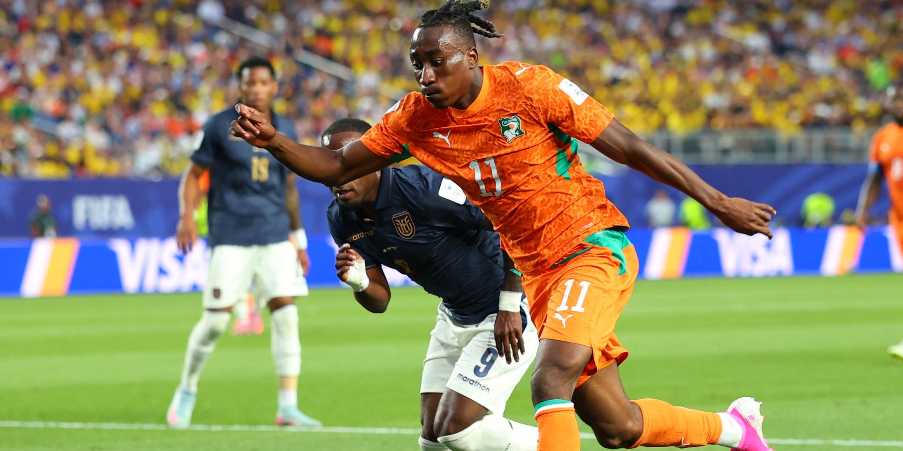 Ivory Coast winger Yan Diomande in World Cup action against Ecuador