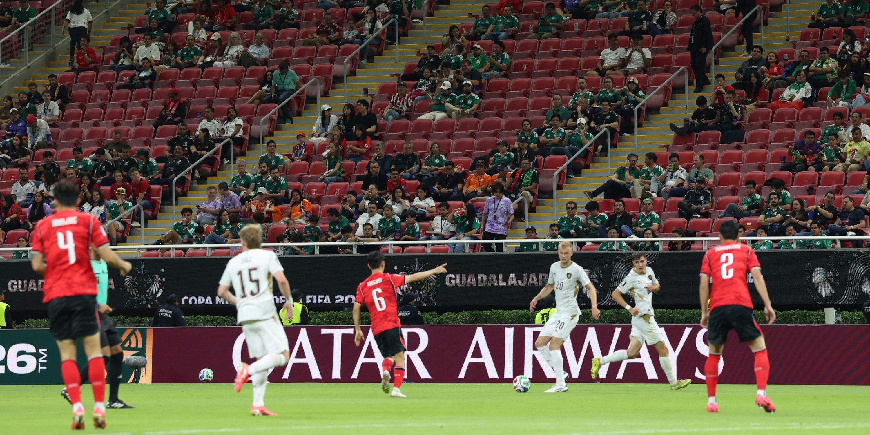Empty seats are seen in the stands during the South Korea v Czech Republic match at Estadio Guadalajara, Guadalajara, Mexico