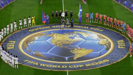 General view as players line up during the national anthems for Haiti vs Scotland
