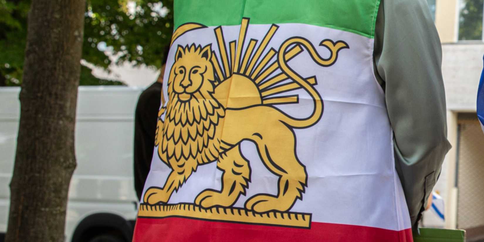Demonstrator is draped in Iran’s pre-revolutionary flag