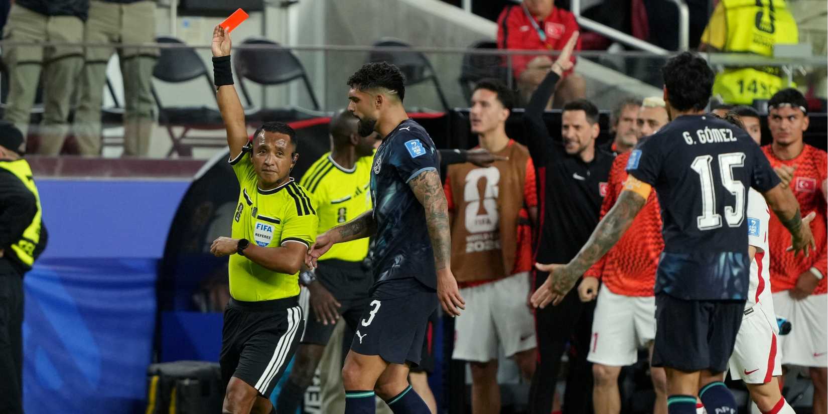 Miguel Almiron is shown a red card in Paraguay vs Turkey