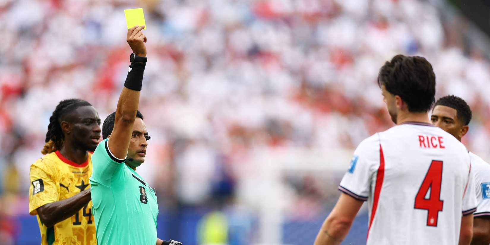 Referee Said Martinez shows Declan Rice (England) a yellow card at World Cup 2026