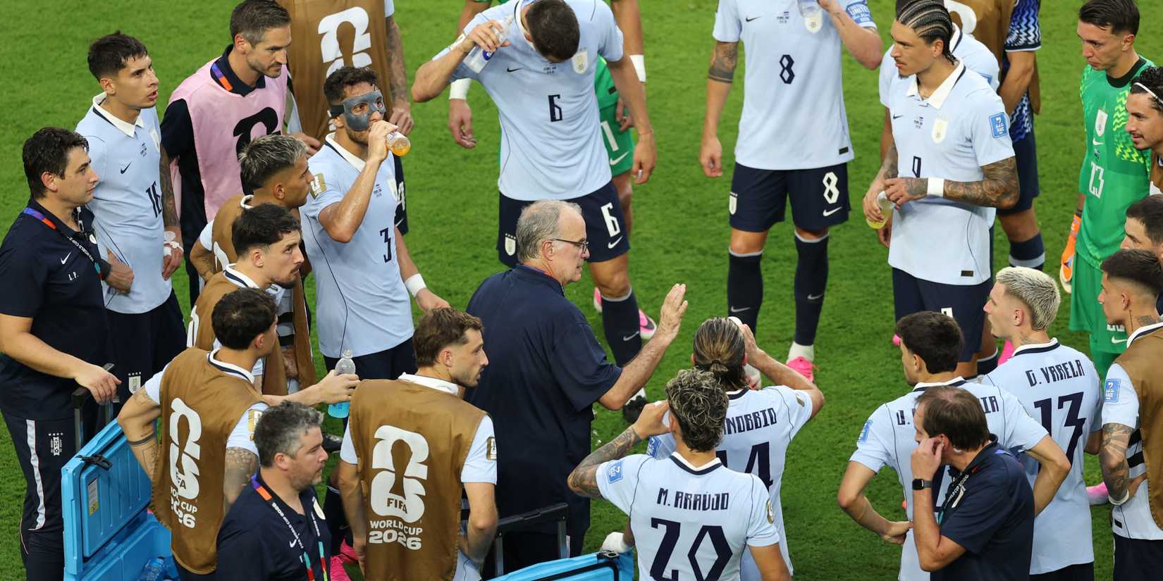 Marcelo Bielsa speaks to his Uruguay players at the 2026 World Cup