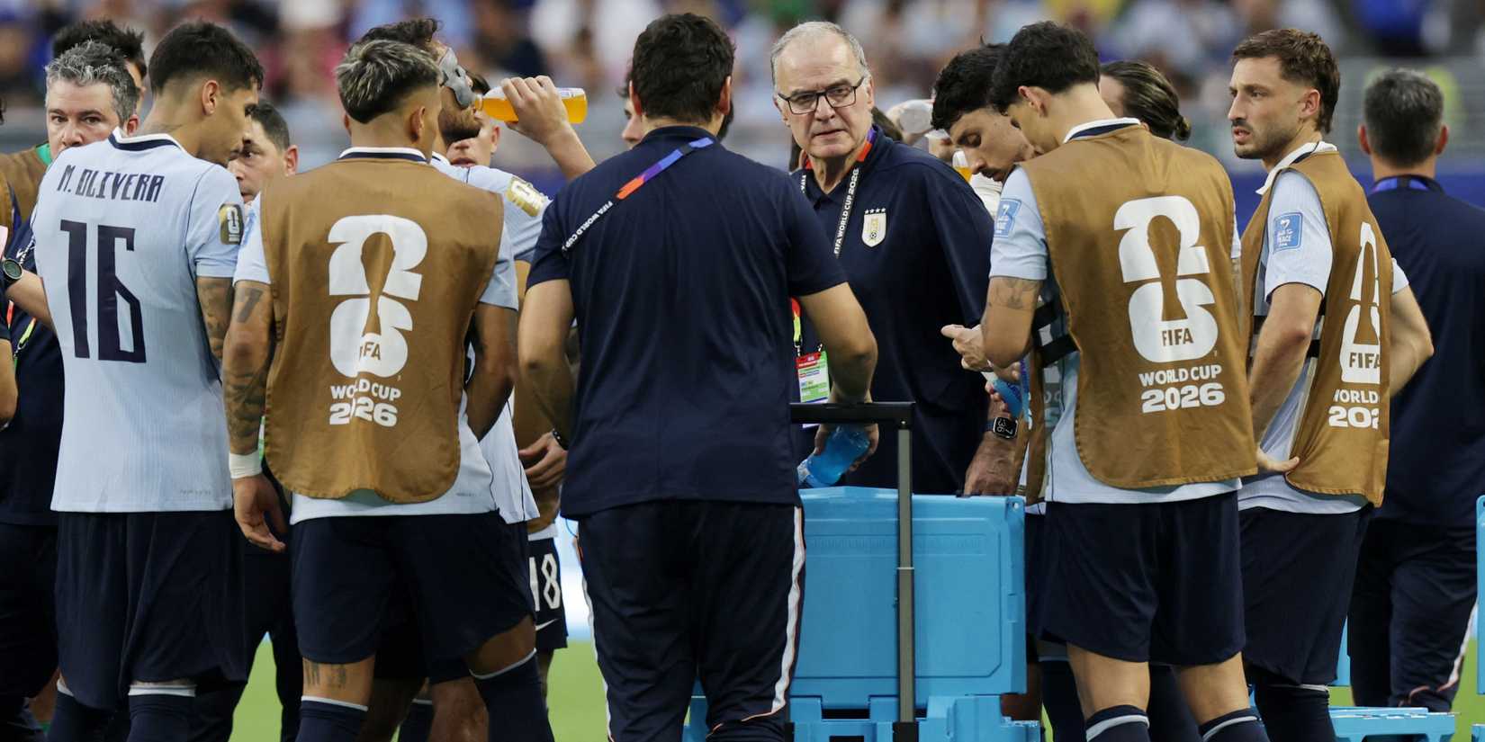 Marcelo Bielsa speaks to his Uruguay players at the 2026 World Cup
