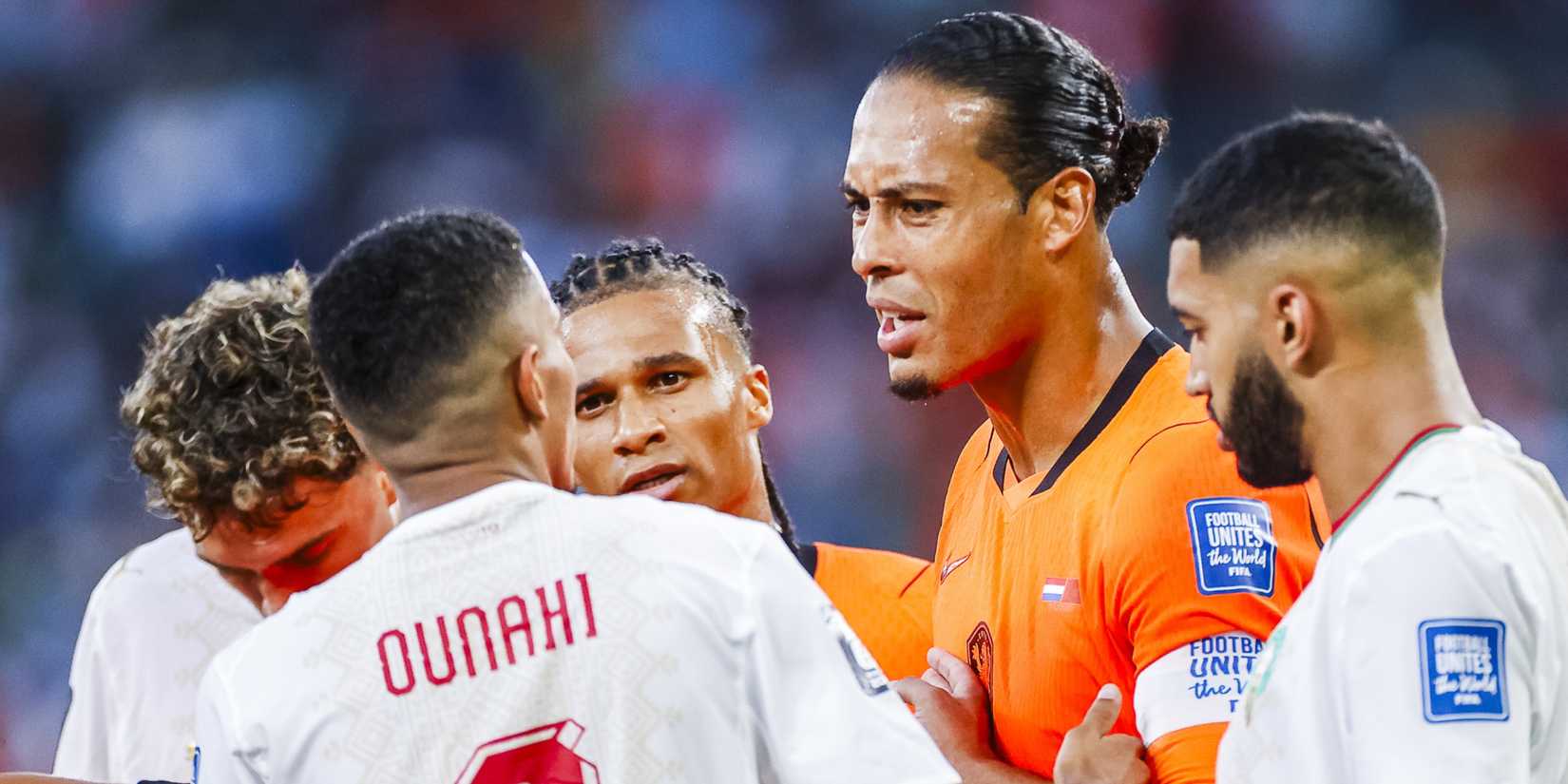 Virgil van Dijk argues with Morocco players at the 2026 World Cup