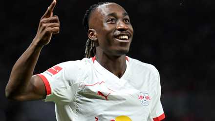 RB Leipzig winger Yan Diomande celebrates a goal