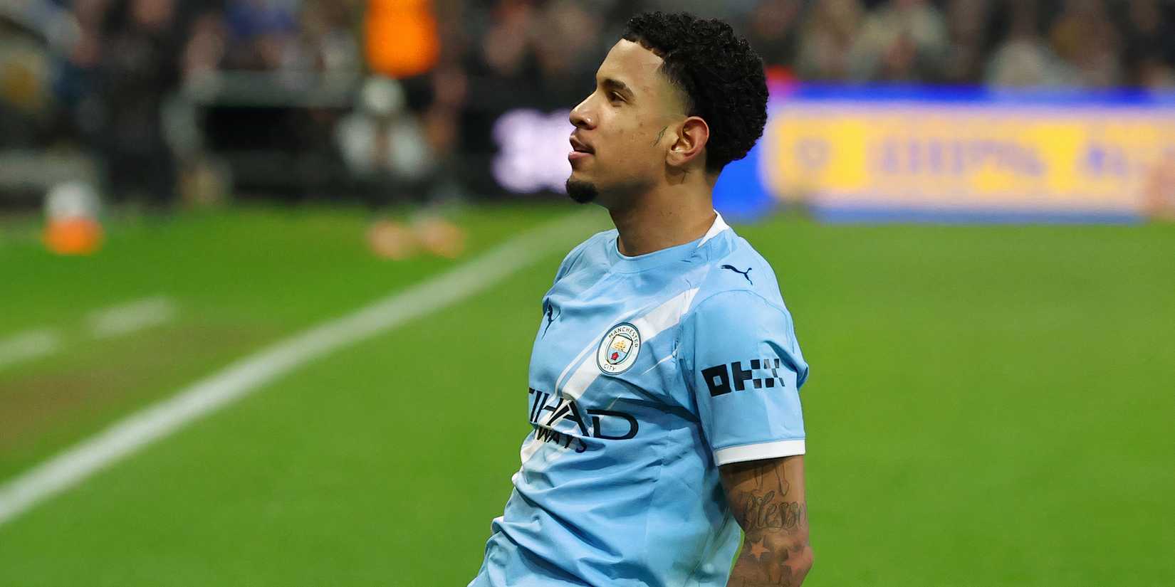 Savinho celebrates a goal for Man City