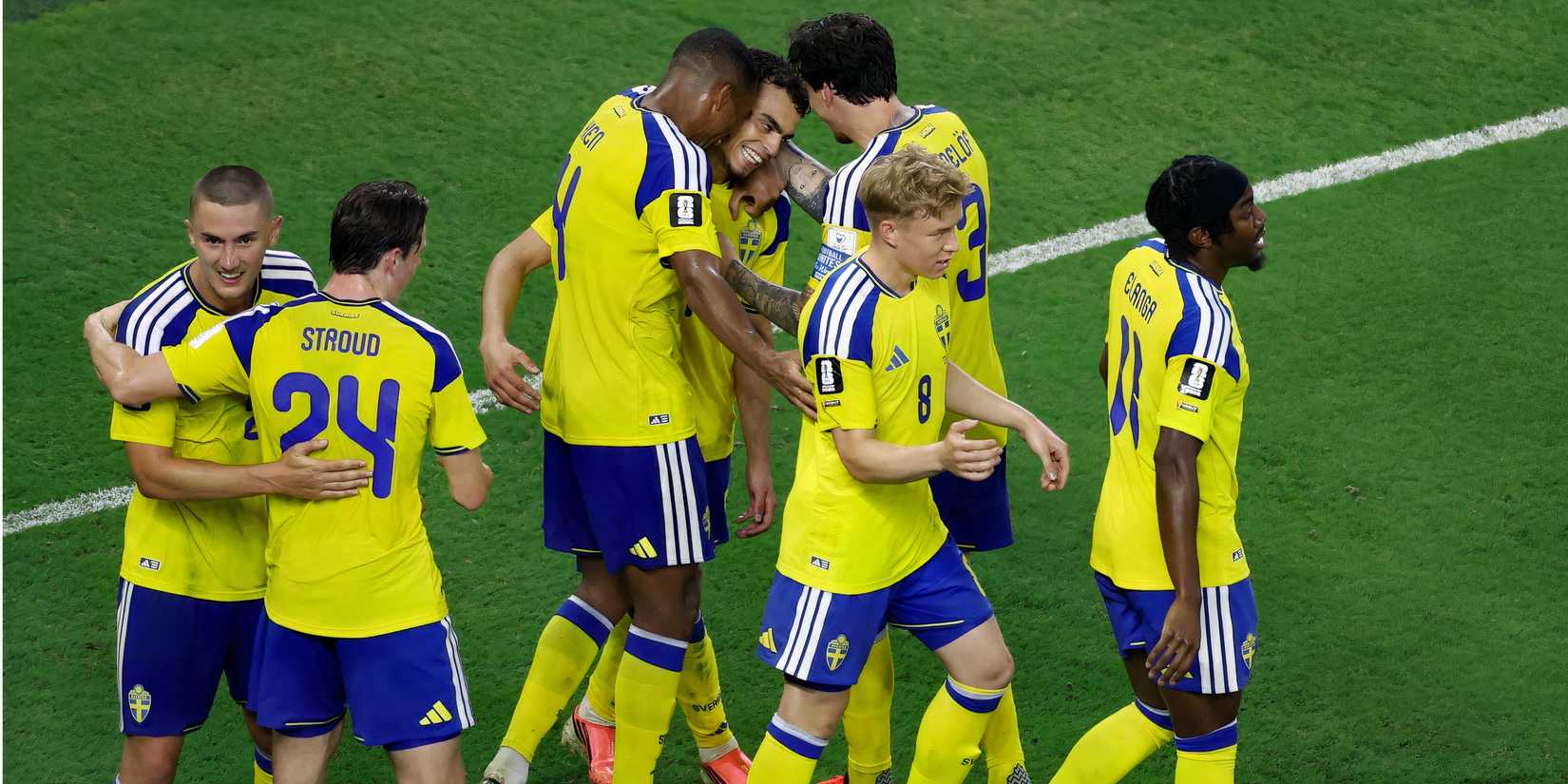Sweden celebrate Yasin Ayari's second goal against Tunisia at the World Cup