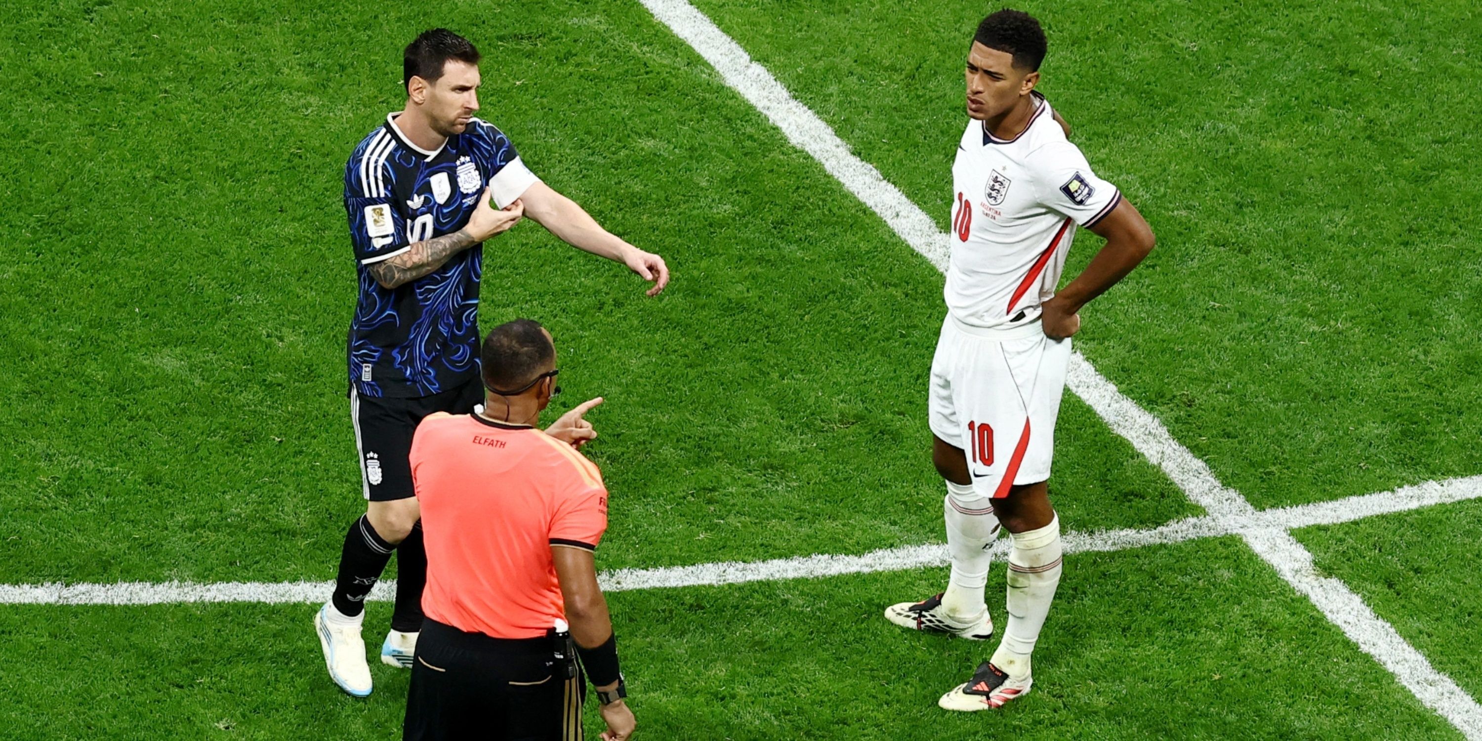 Argentina's Lionel Messi and England's Jude Bellingham during 2026 World Cup semi-final