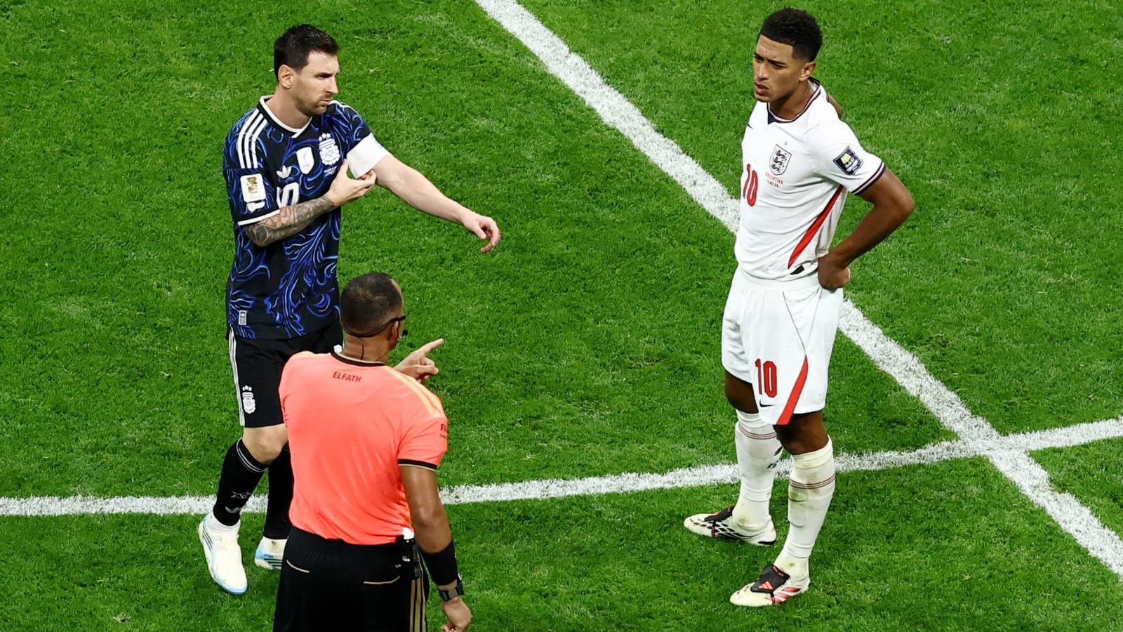 Argentina's Lionel Messi and England's Jude Bellingham during 2026 World Cup semi-final