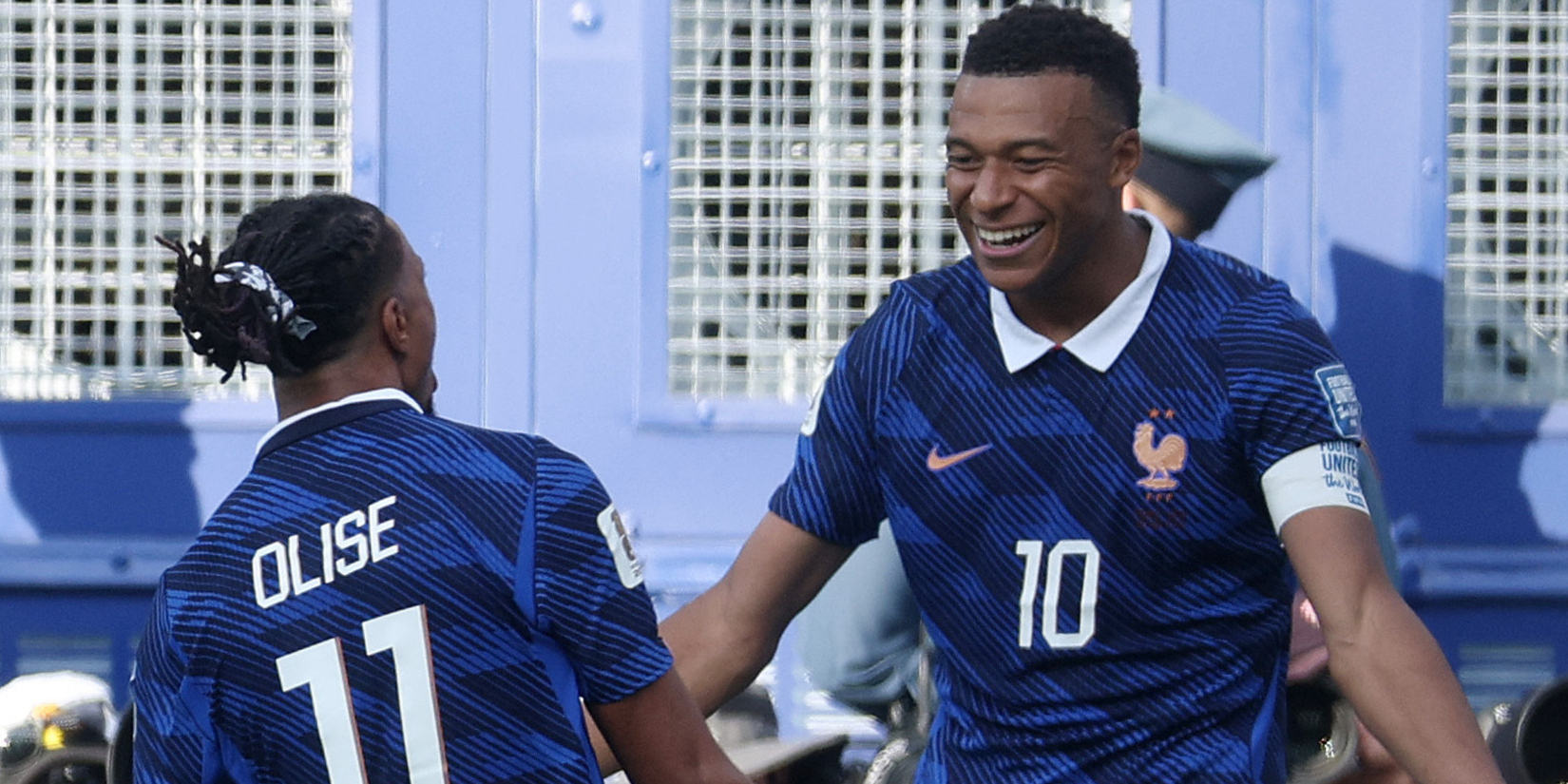 Michael Olise and Kylian Mbappe (France) celebrate at World Cup