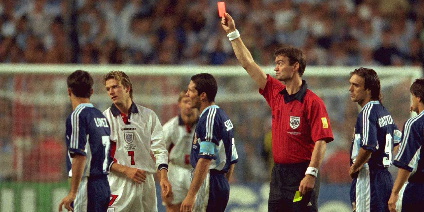 David Beckham England gets red card for foul on Diego Simeone Argentina 1998 World Cup