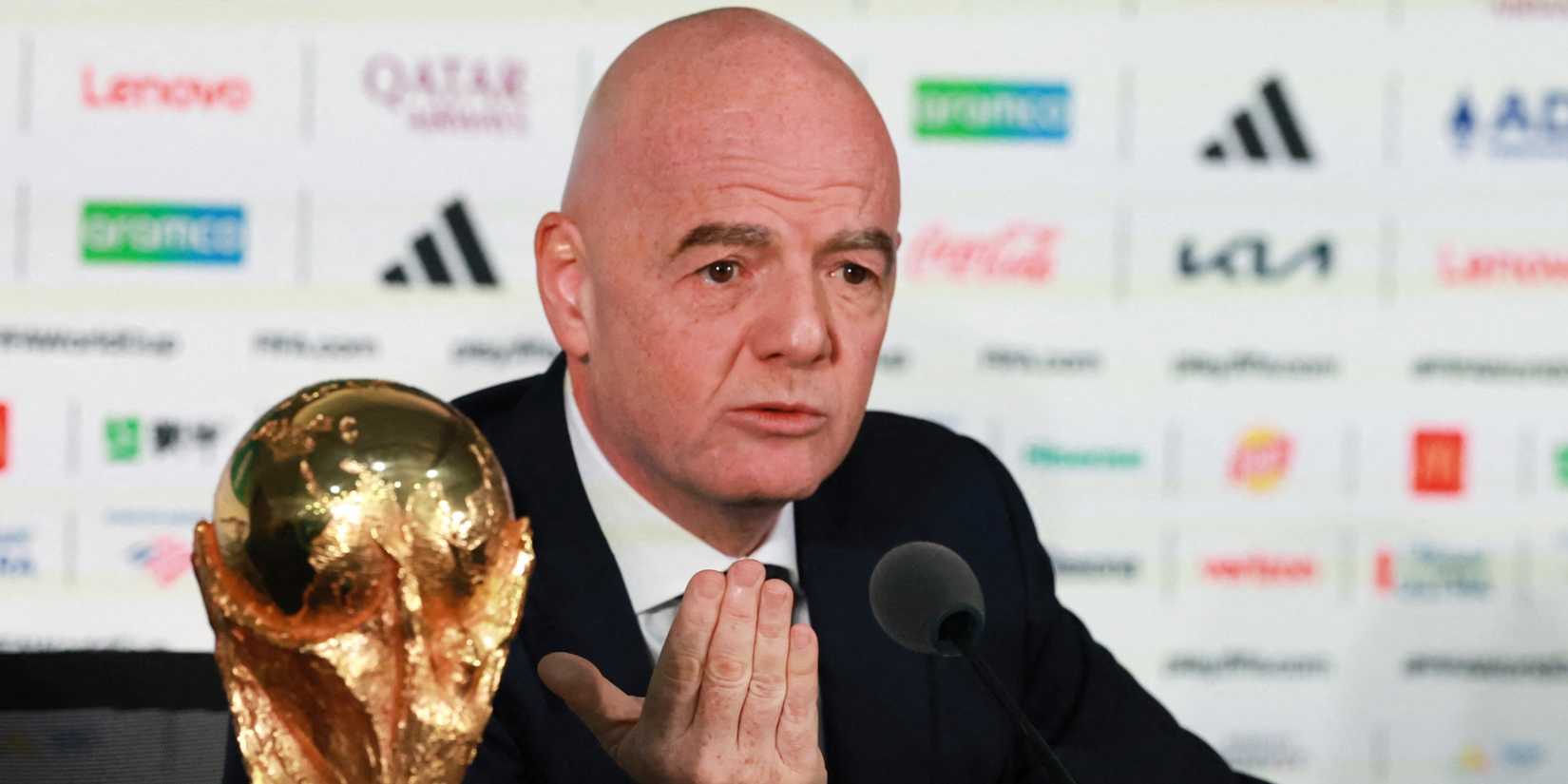 FIFA President Gianni Infantino with the FIFA World Cup trophy during the press conference