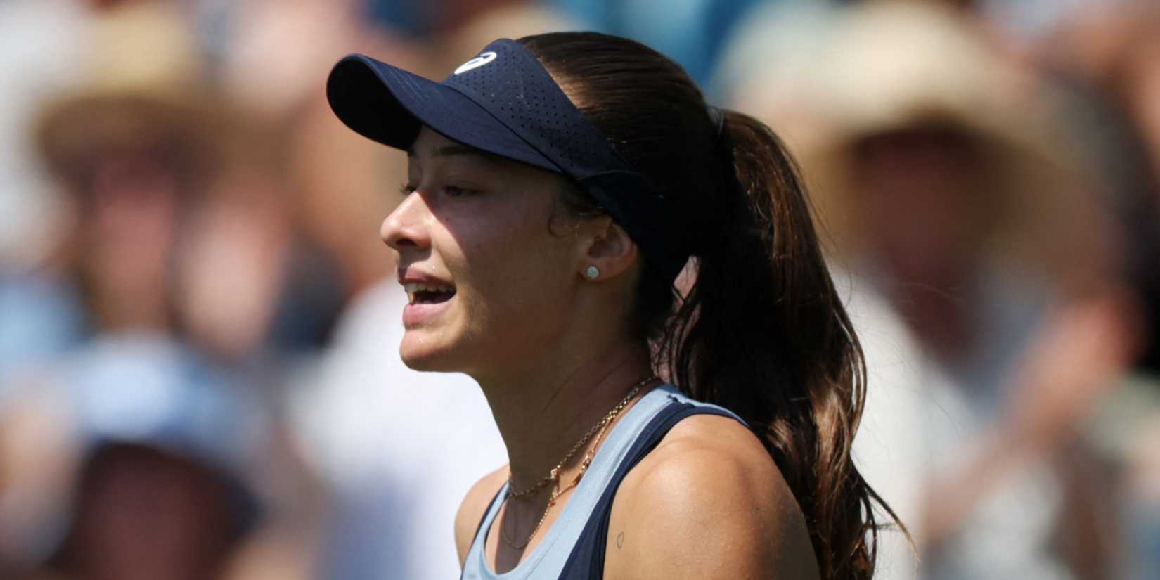 Turkey's Zeynep Sonmez reacts after losing her quarter final match against Latvia's Jelena Ostapenko 